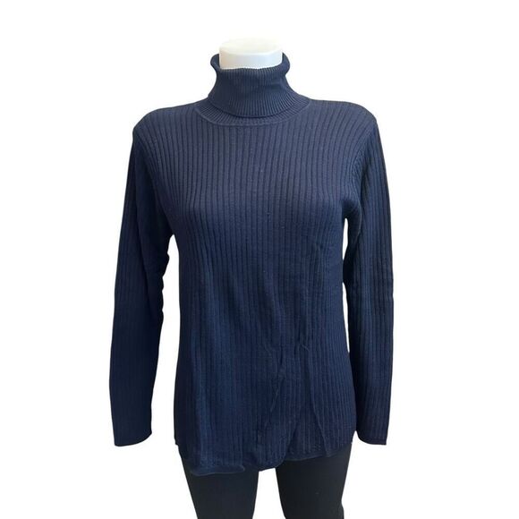 August Silk Knits Blue Ribbed Knit 100% Silk Turtleneck‎ Sweater Pullover Medium - Picture 1 of 7